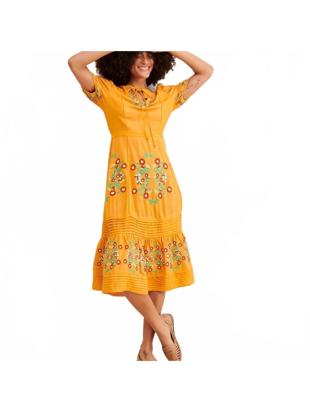 Ollari Dori floral midi dress embroidered flowers tie neckline Size XS #1271